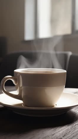 warm cup of coffee on a wooden table