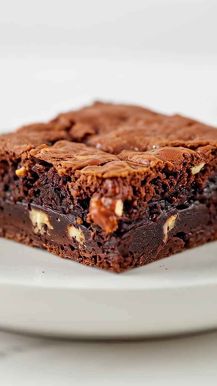 Vertikal video: Kamera starter, skifter fokus ved bordplate, fremhever brownie på hvit tallerken