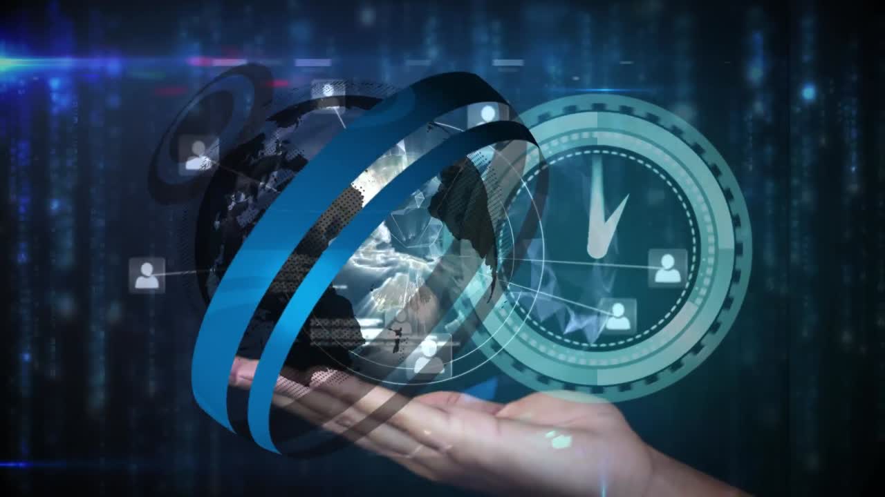 animación de globo en mano y reloj sobre el procesamiento de datos sobre fondo negro