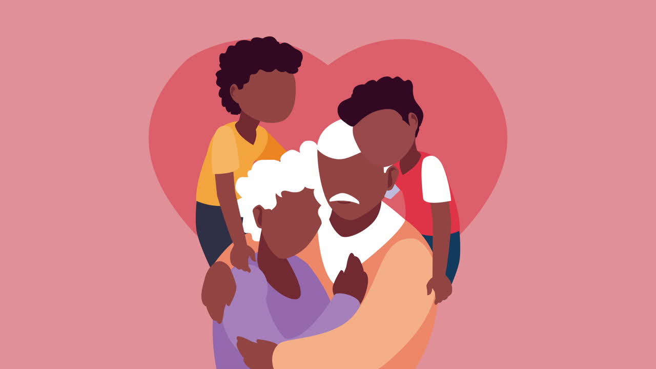 una pareja de abuelos afro abrazándose con sus nietos