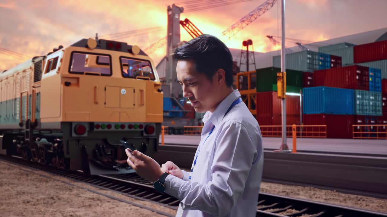Side View Of An Asian Male Professional Worker Standing With His Smartphone With Freight Cargo Train At Port, Checking On His Smartphone With Meditation