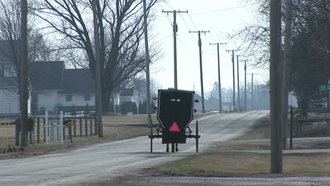 an amish horse and carriage travel along a quiet country road in winter