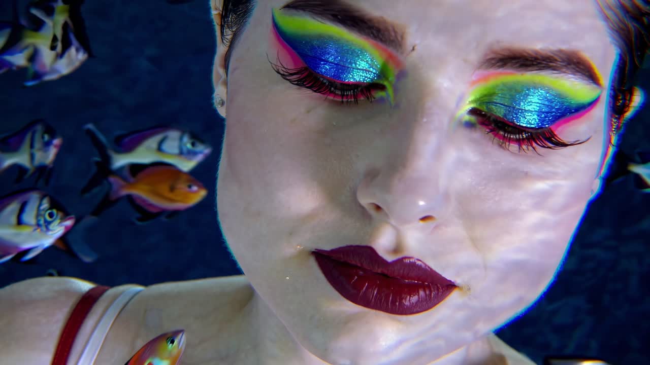 mujer elegante con un vibrante y brillante maquillaje para los ojos flotando serenamente bajo el agua, rodeada por un remolino de peces tropicales en un fascinante entorno marino