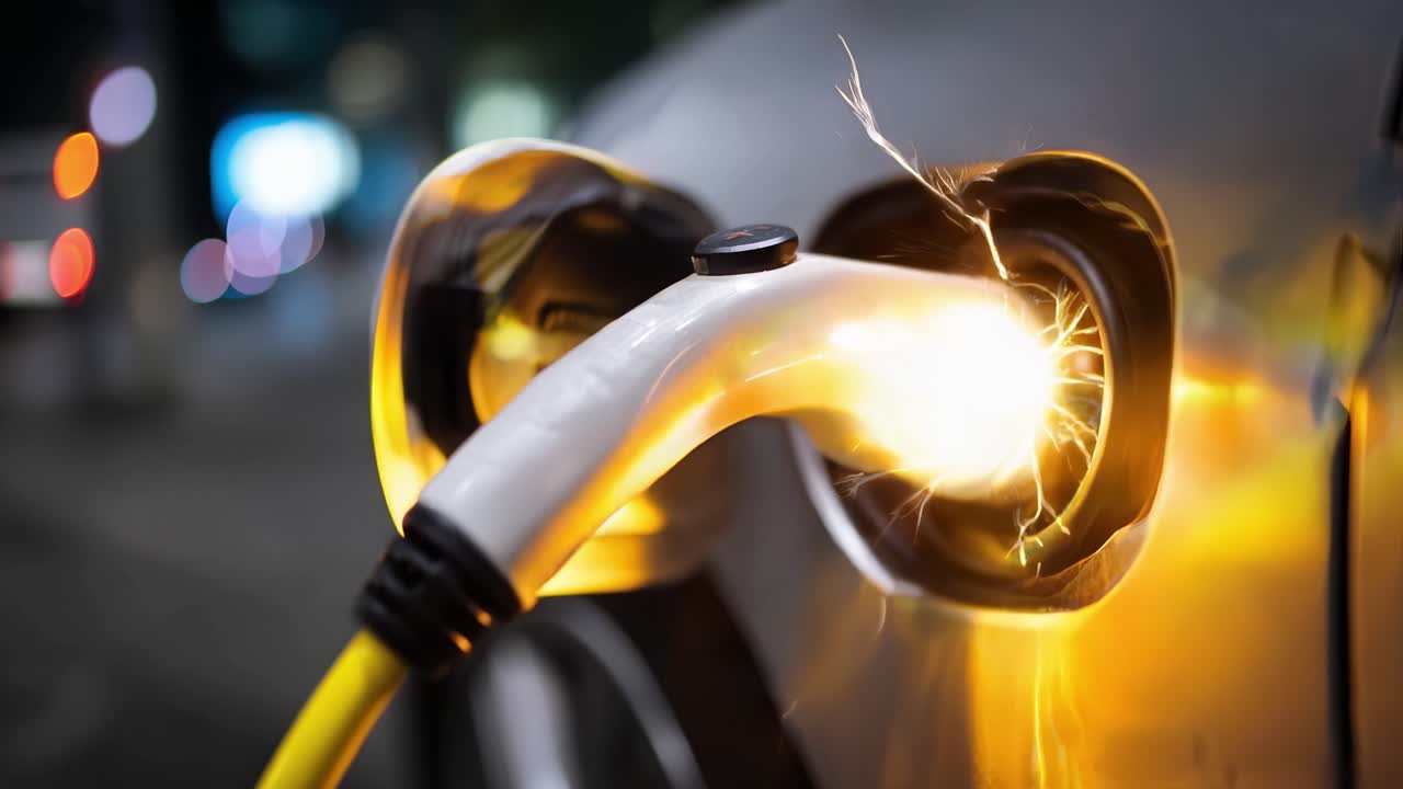 Coche eléctrico cargando con chispas brillantes de noche