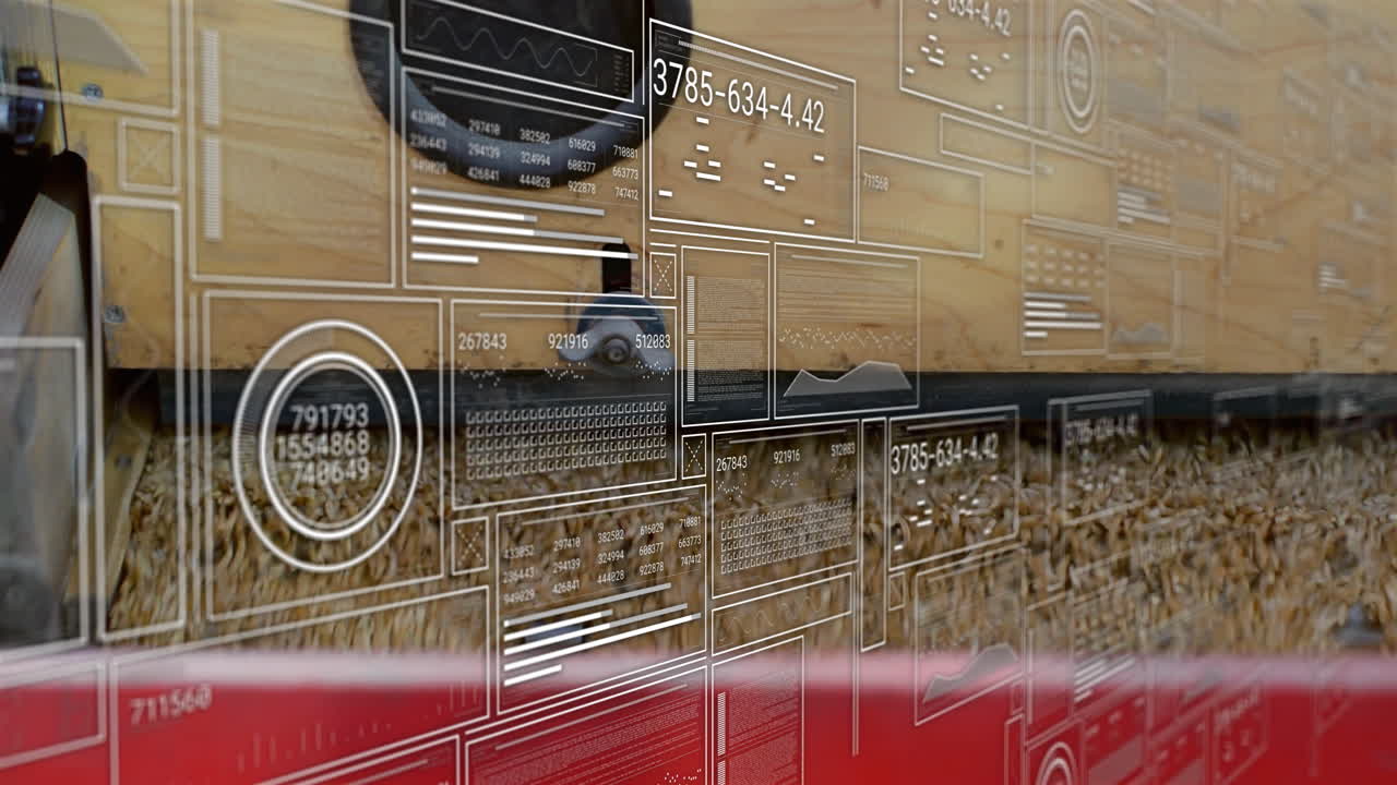 Electronic components on wooden surface with digital data and graphs animation