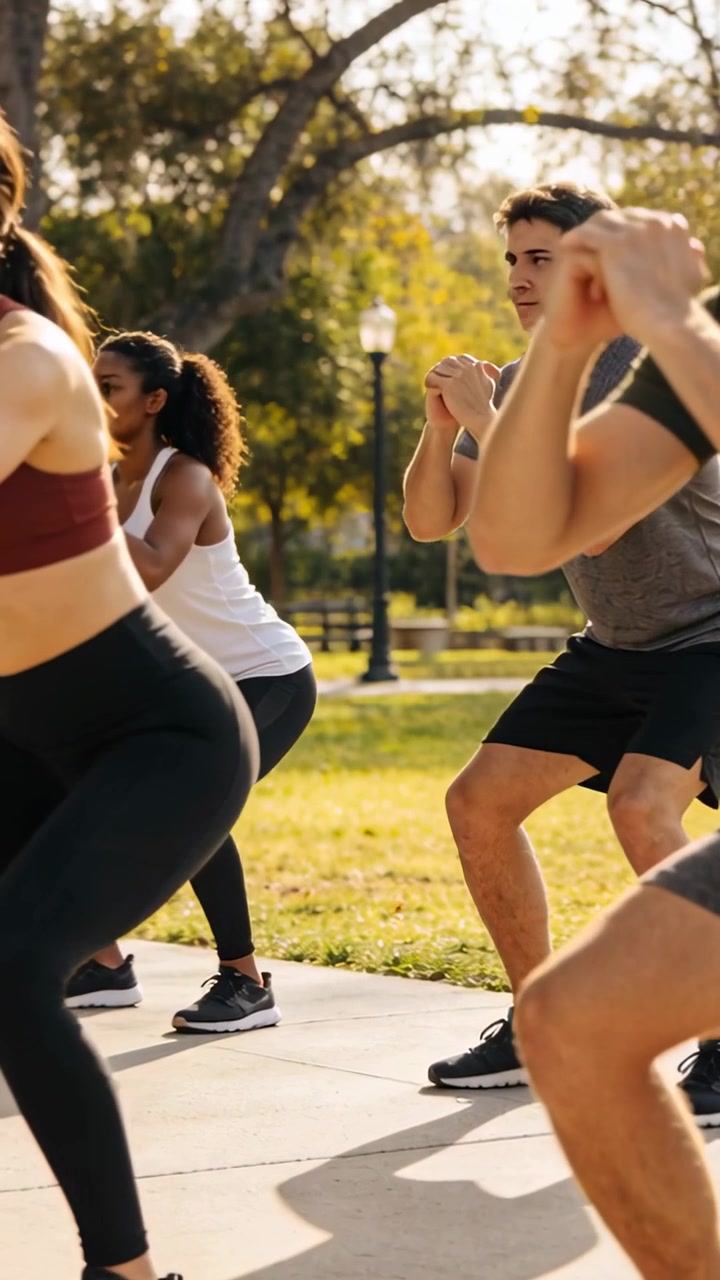 Video vertical: Grupo haciendo sentadillas realizando repeticiones coordinadas en una colchoneta de parque, vistiendo sujetador deportivo y camiseta gris.