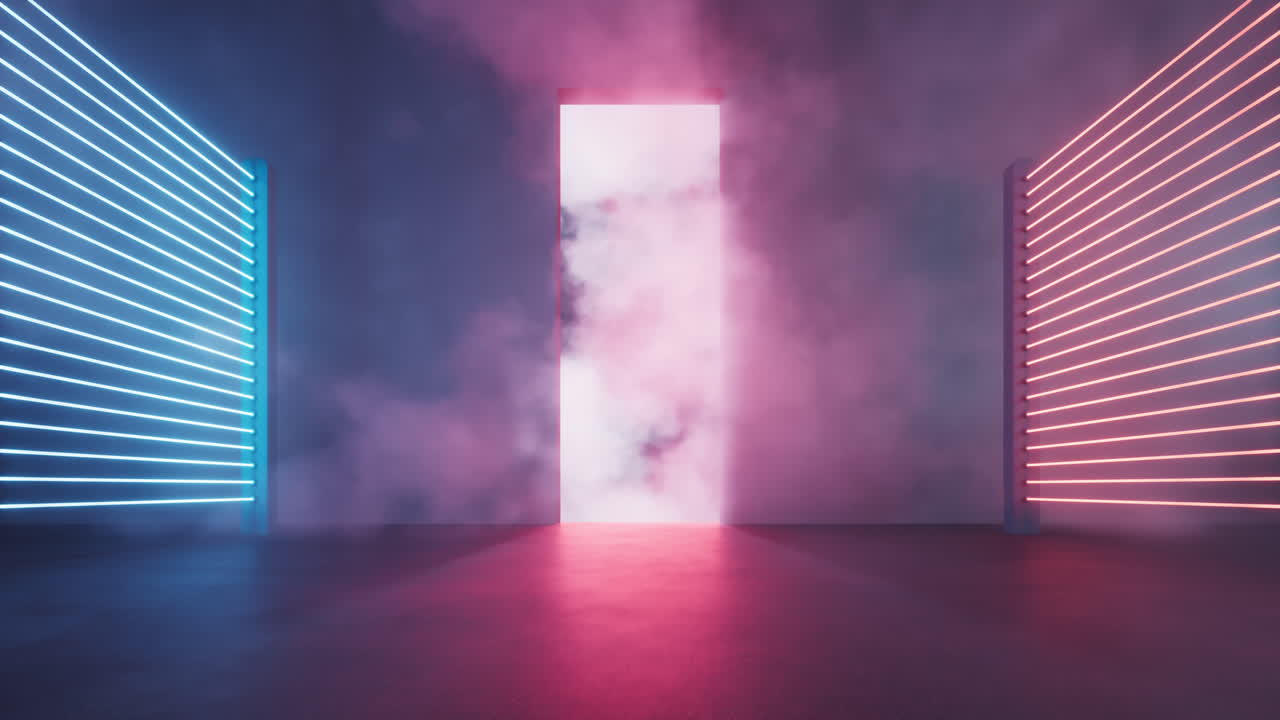 Dark room with glowing neon lights, 3d rendering.
