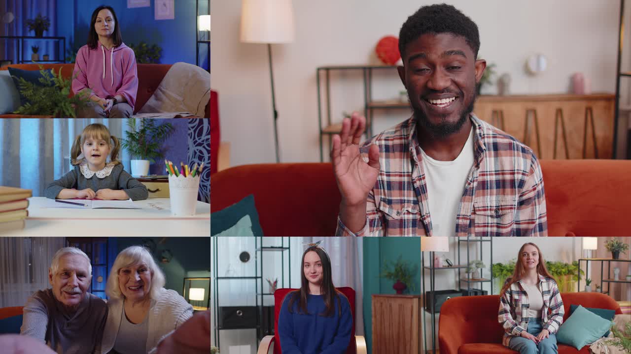 Ritratto multi-schermo di persone felici che fanno una videoconferenza online con gli amici, salutando.