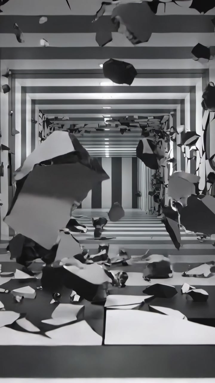 Vertical video: Starting cracks, fragments tumbling forward through striped tunnel, blocking end