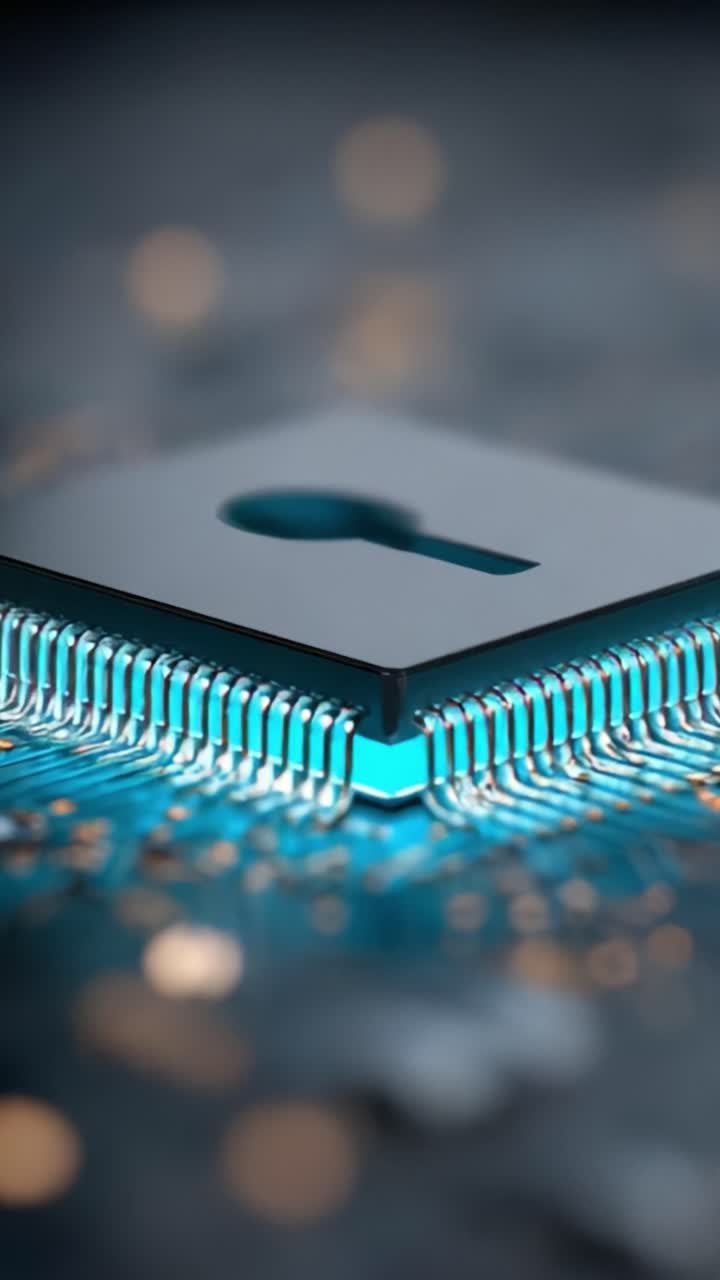 Nærbillede af en mikroprocessor med et sikkerhedsnøglehulsdesign, der symboliserer databeskyttelse og cybersikkerhedsforanstaltninger inden for teknologi