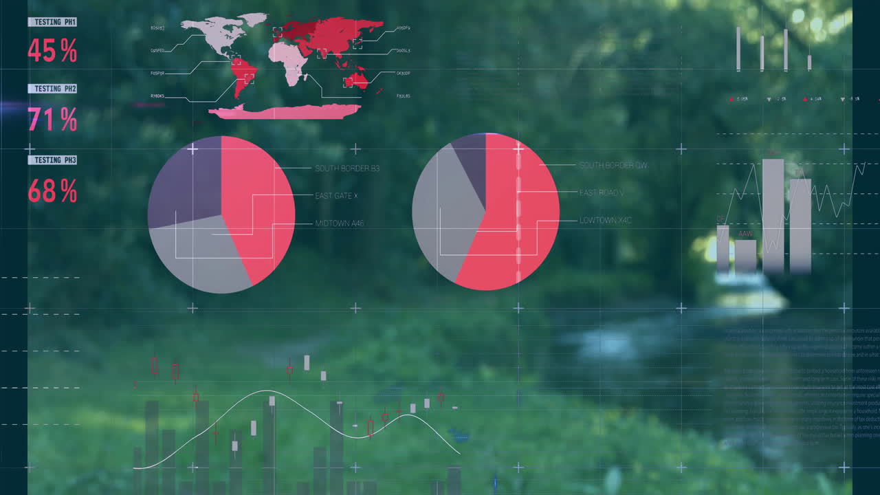 AR overlay showing world map, pie charts, bar graphs and data lines floating above forest