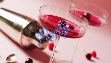 animación de texto de neón de fiesta y cócteles en fondo rosa
