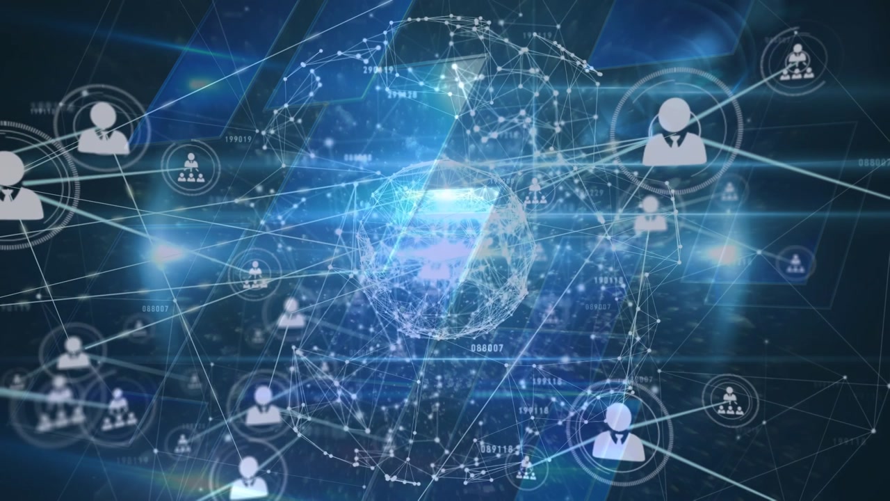Animation of network of connections over navy background with globe