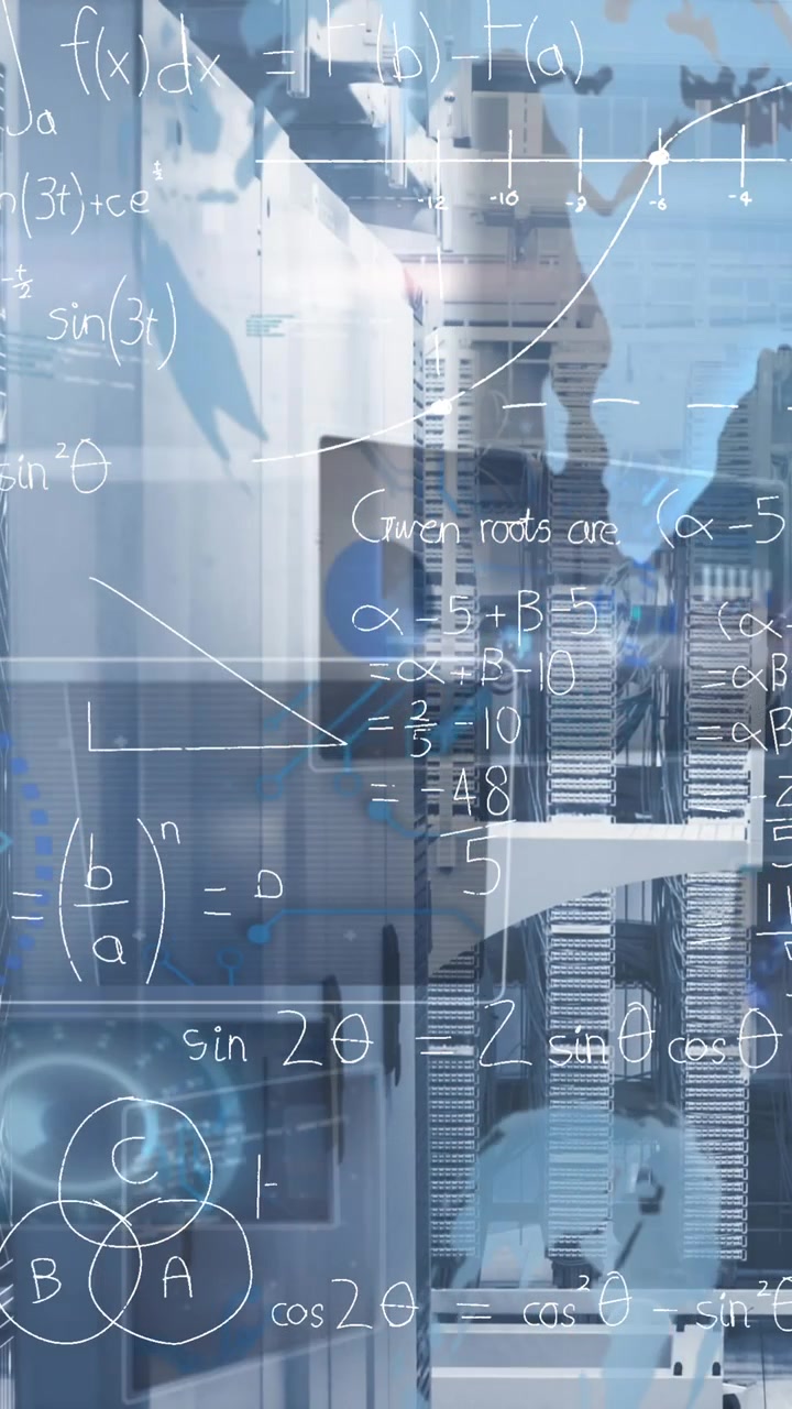 Digital Mathematical Equations Overlaying Server Racks in Data Center