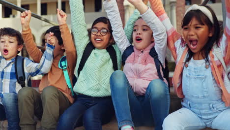 school, friends and excited children on stairs