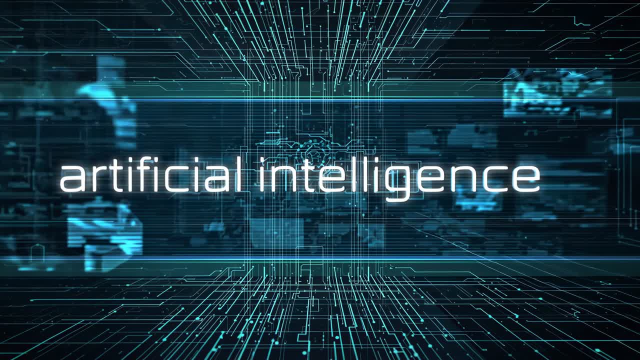 Converging circuit lines on grid plane, forming glowing bar, revealing artificial intelligence