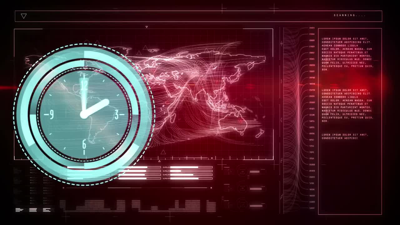 animación del reloj moviéndose sobre el procesamiento de datos en fondo negro