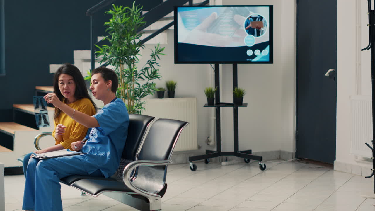 Patients and healthcare professionals in a hospital waiting room