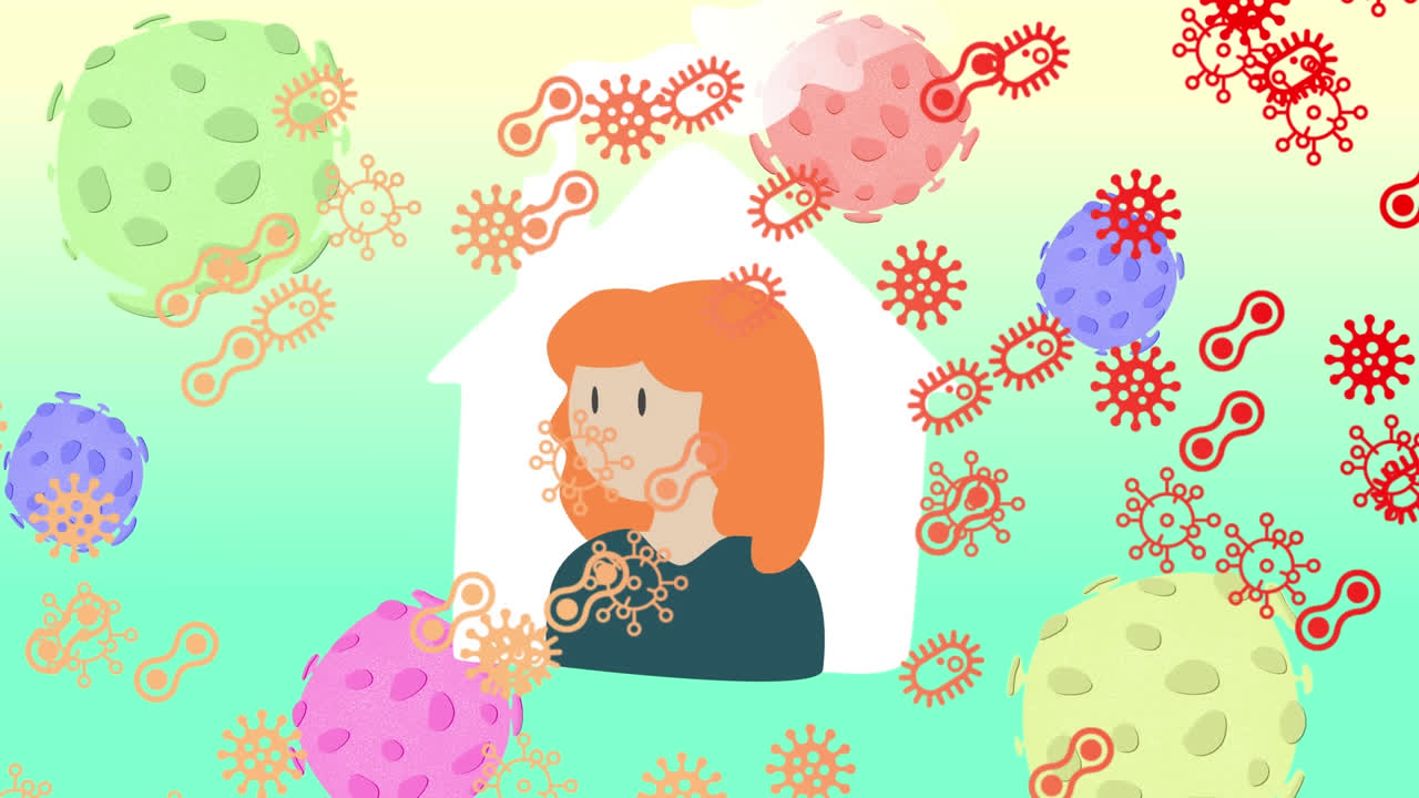 covid-19 세포의 애니메이션이 집에 있는 여성에 대한 것입니다.
