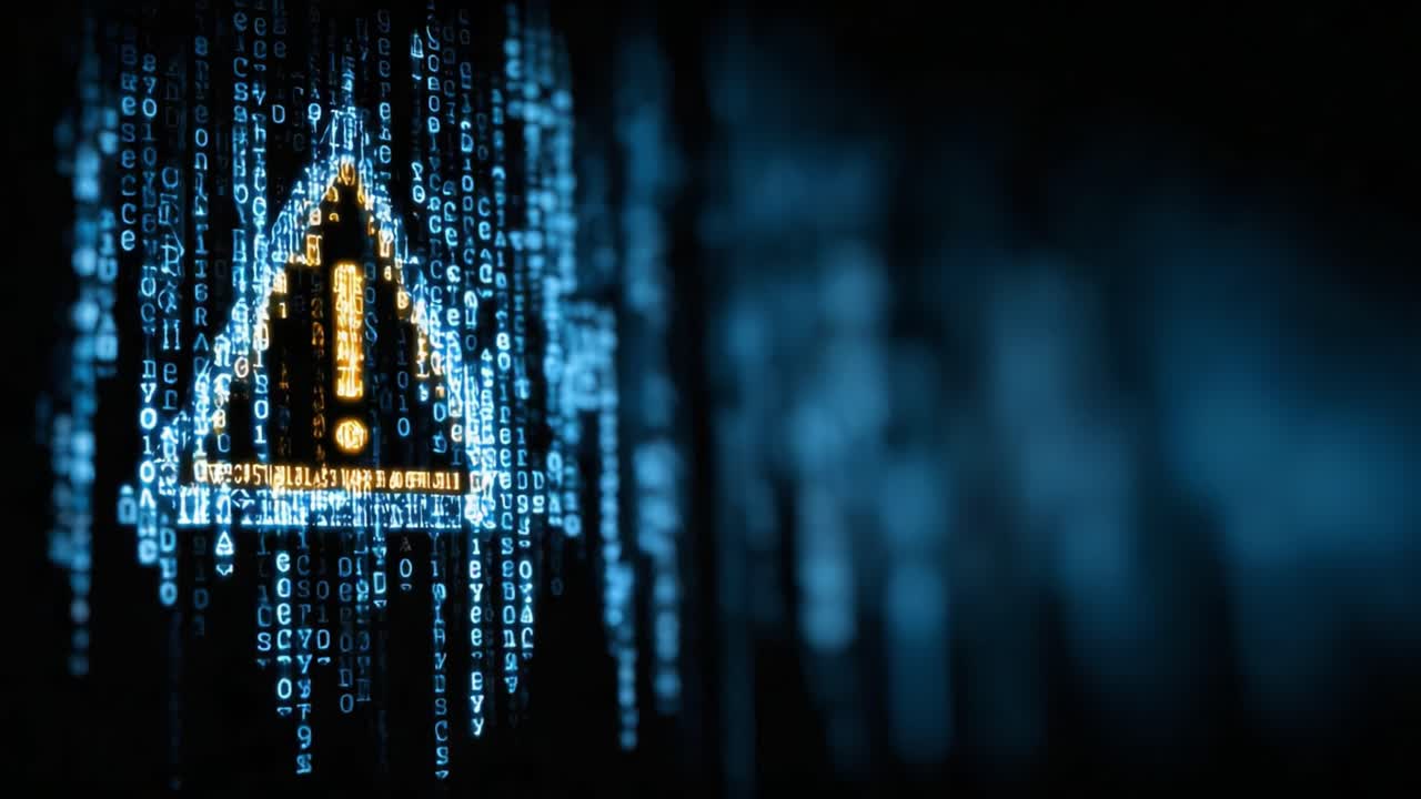 Digital Warning: An Eerie Visualization of a Caution Symbol Amidst a Flow of Binary Code Signifying Cybersecurity Threats and Digital Alerts