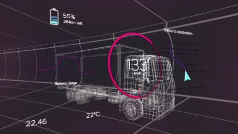 animación de un modelo 3d de coche con interfaz digital y procesamiento de datos