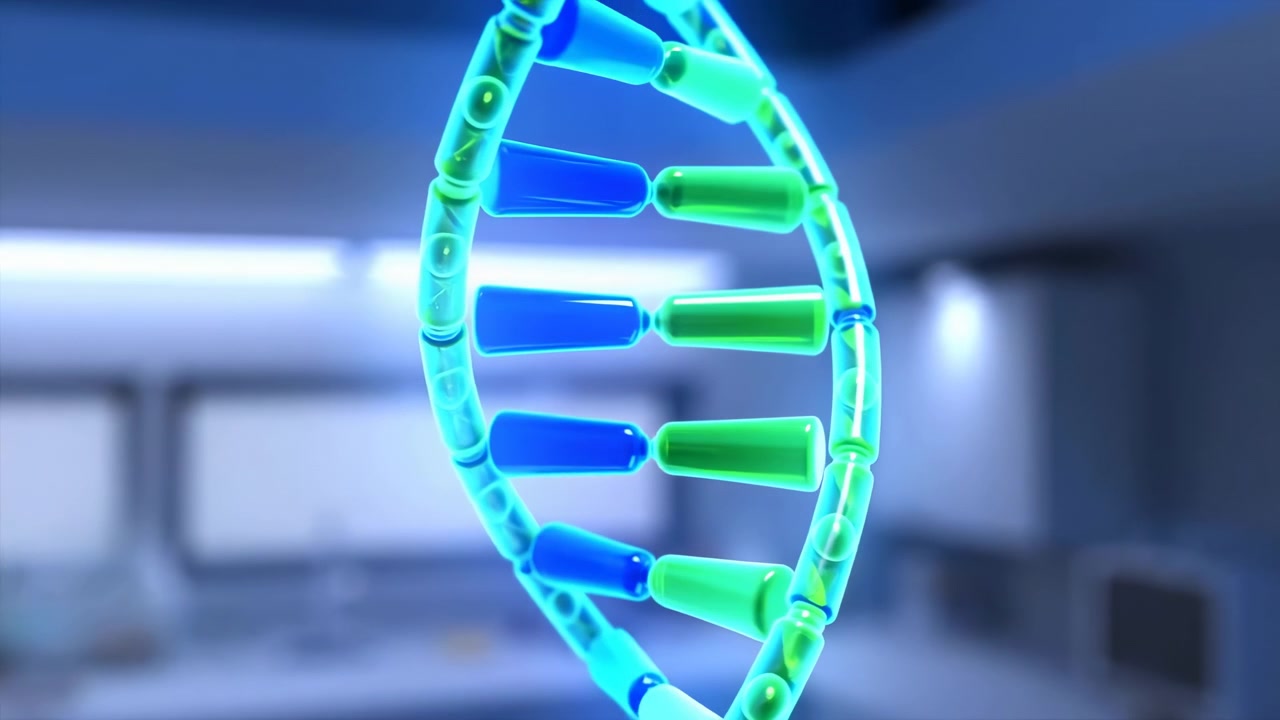 Zářící modrozelená dvojitá šroubovice DNA se objevuje v popředí na jemně rozmazaném laboratorním pozadí s chladným osvětlením, naznačujícím genetiku.