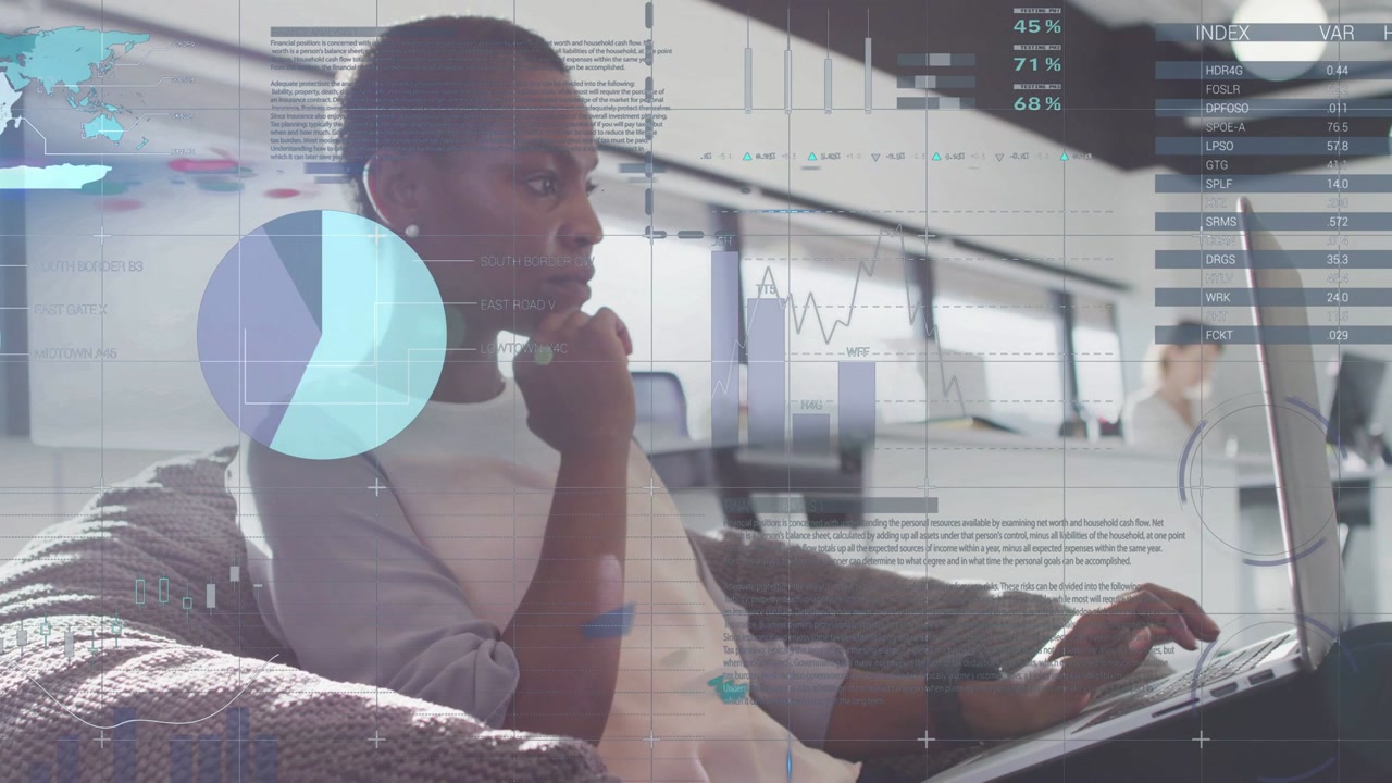 Woman analyst typing on laptop in lounge causing animated charts floating, analyzing business data