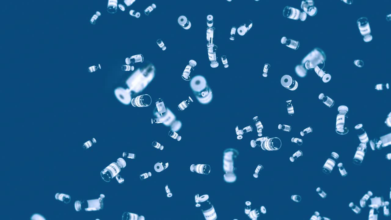 파란색 배경에 많은 백신 병을 날려. 의학 개념. 바이러스 치료. 투명한 액체. 백신의 3d 루프 애니메이션.