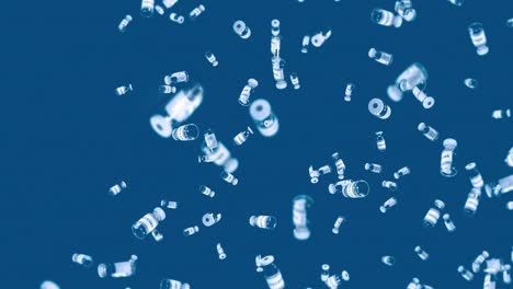 volando muchas botellas de vacunas en fondo azul. concepto médico. cura de virus. líquido transparente. animación de bucle 3d de vacunas.
