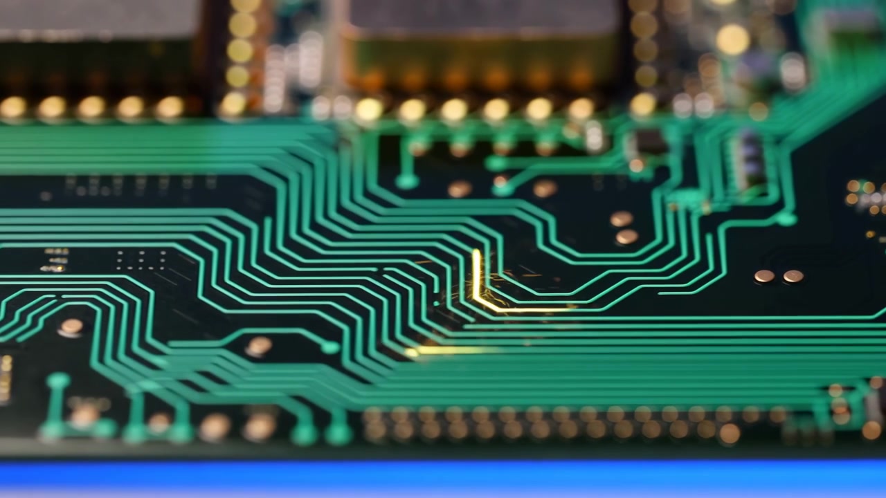 Close-up printed circuit board with neon green traces, metallic pads, fine pitch contacts, and surface-mounted parts, while shifting focus moves across surface and reveals layered electronic detail