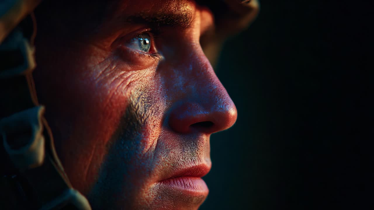 Intense Gaze of a Soldier: A Close-Up on the Strength and Resilience in the Face of Adversity, Highlighting the Determination Reflected in Their Eyes and Expression