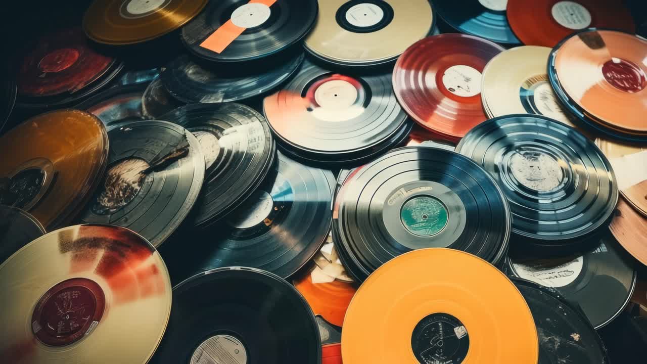 Una collezione vintage di dischi in vinile sparsi casualmente.