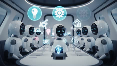 a futuristic meeting of advanced ai robots engaged in collaborative problem solving with innovative digital interfaces and visual analytics in a high-tech environment