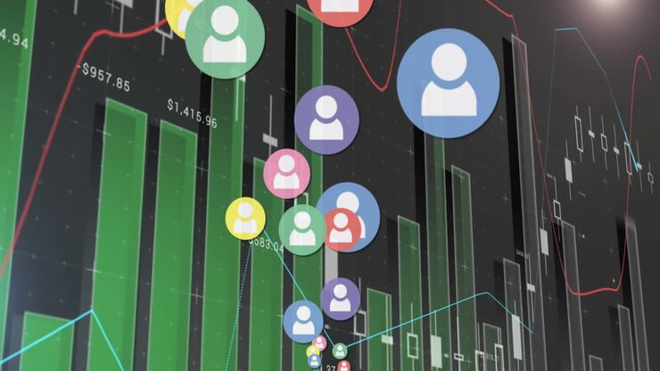 Animation of people icons over statistics and financial data processing