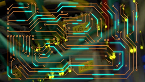 animación de la placa de circuitos de la computadora sobre la sala del servidor