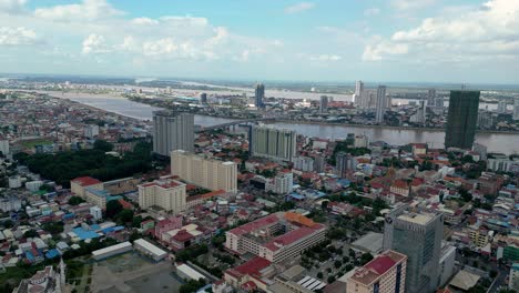 phnom penh's urban landscape along the mekong river, bright day, aerial view