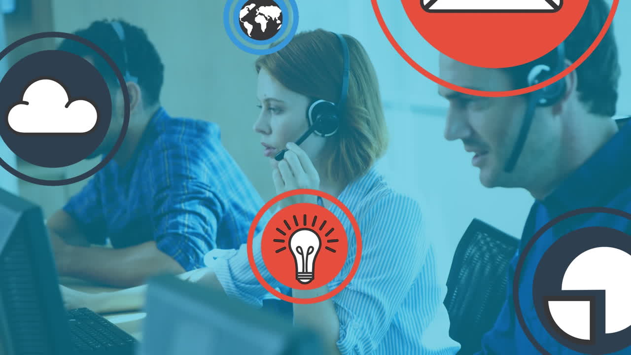 animación de iconos en línea sobre diversas personas de negocios que usan auriculares de teléfono