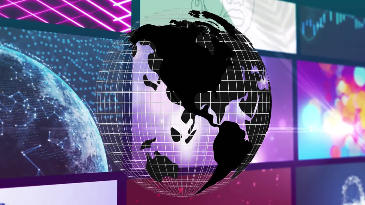 블랙 글로브가 복합 화면에서 재생되는 다채로운 클립 위에 회전하는 애니메이션