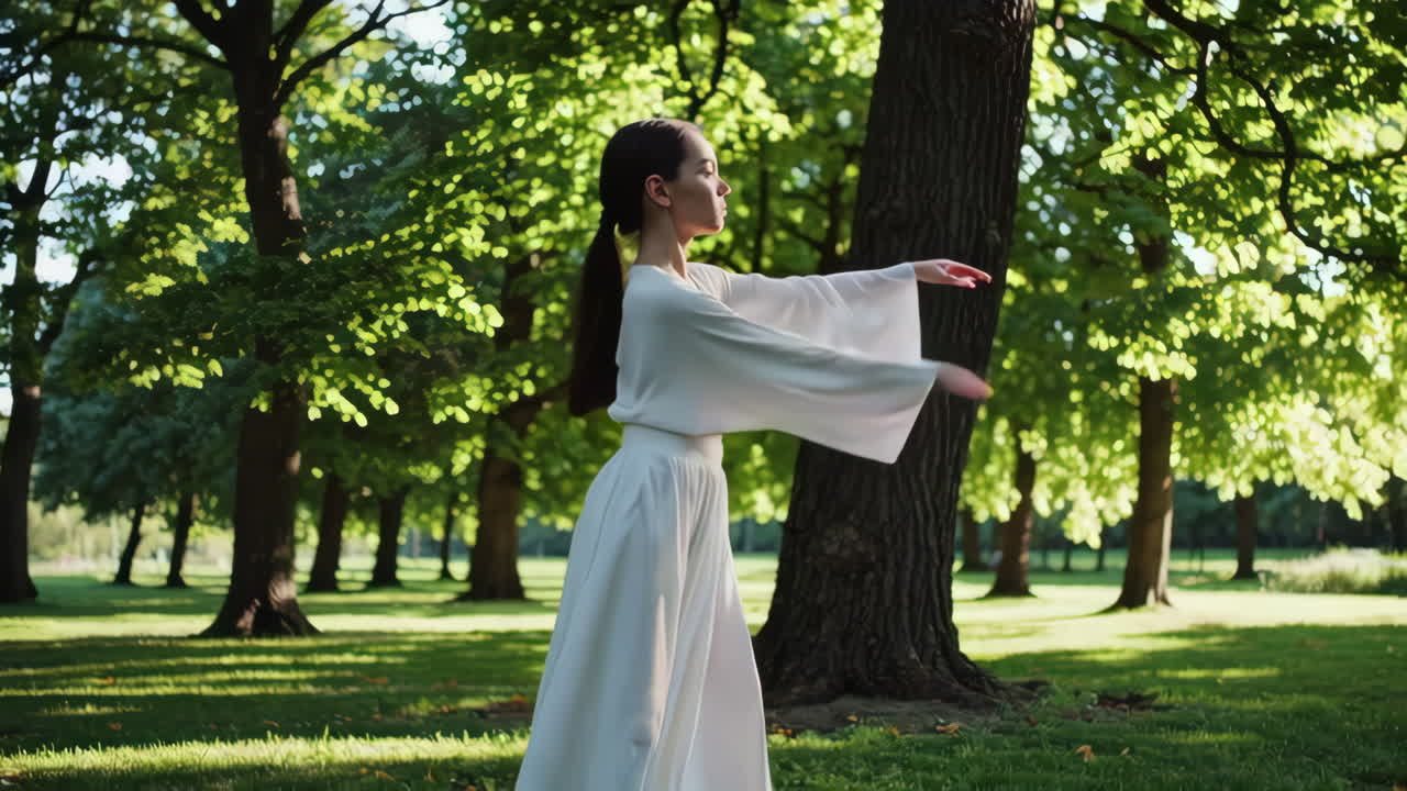 공원에서 춤을 추는 젊은 여성