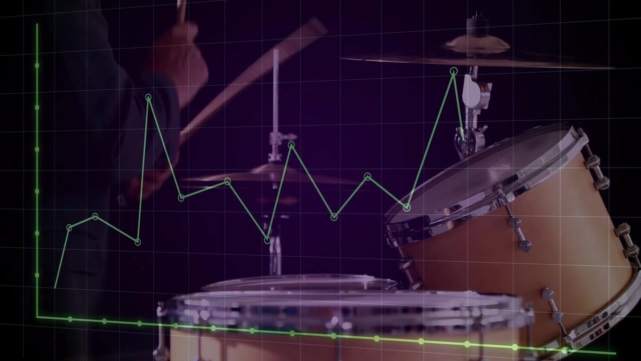 Batterista maschio che suona la batteria, tracciando picchi su un grafico a griglia verde nell'analisi delle prestazioni della tecnologia musicale.