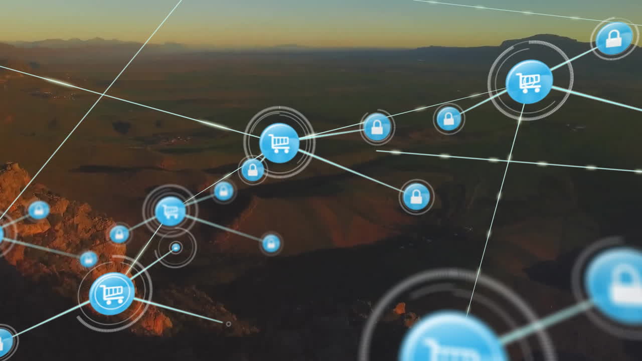 animación de iconos conectados con líneas sobre vista aérea de montañas contra el cielo