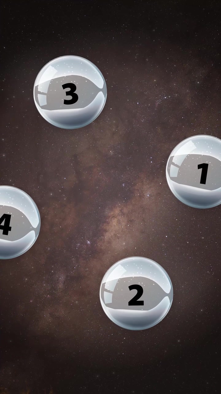 Numbered glass orbs drift slowly across a vertical starry nebula background with realistic reflections.