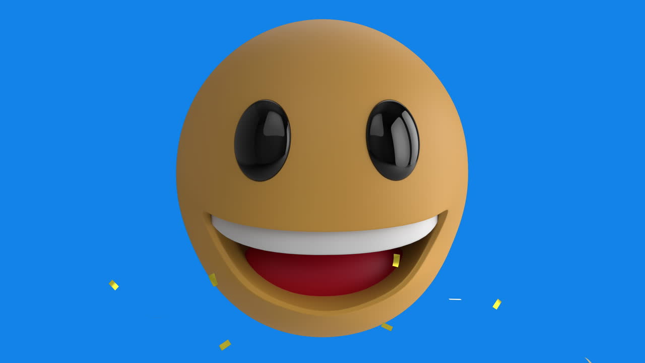 Animazione digitale di coriandoli dorati che cadono su un'emoji del viso sorridente su sfondo blu