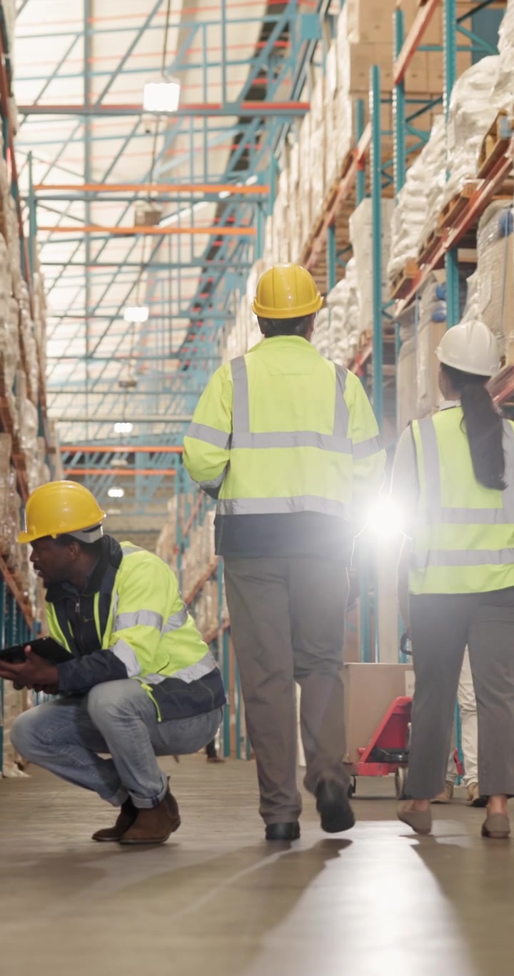 Warehouse Workers Inspecting Inventory and Discussing Logistics
