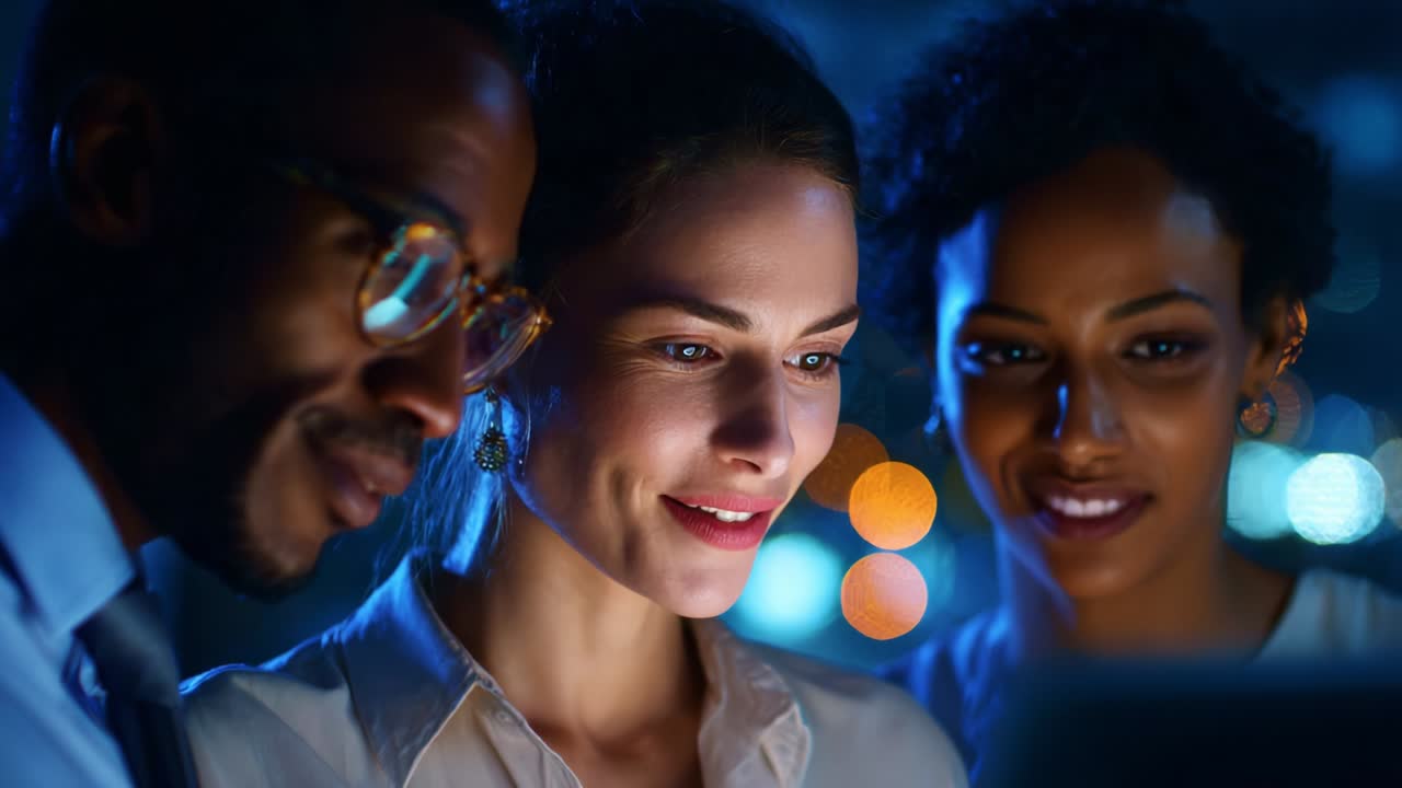 A group of three colleagues deeply focused on a digital screen, illuminated by city lights at night, showcasing teamwork and collaboration in an engaging, modern workspace environment