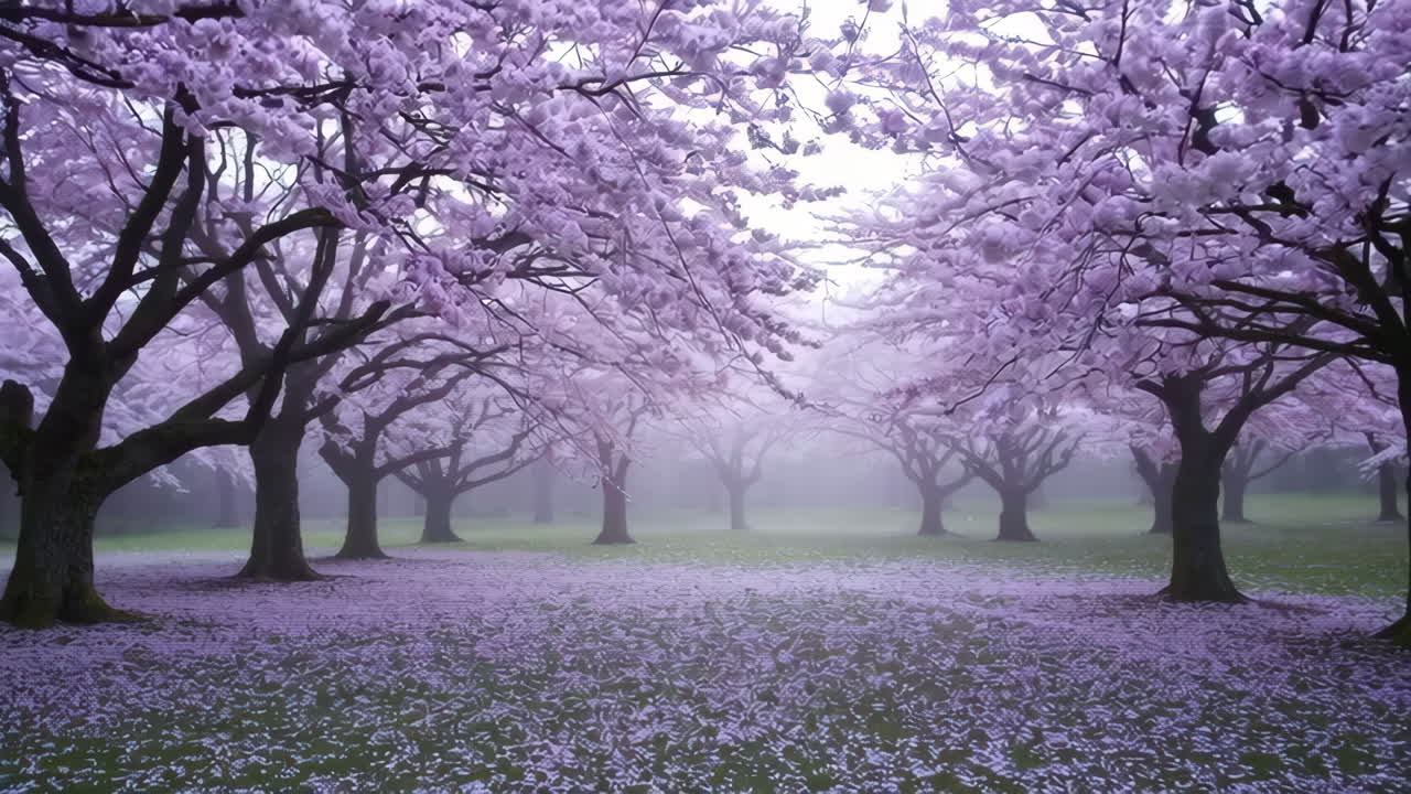 A Misty Spring Scene with Cherry Blossoms