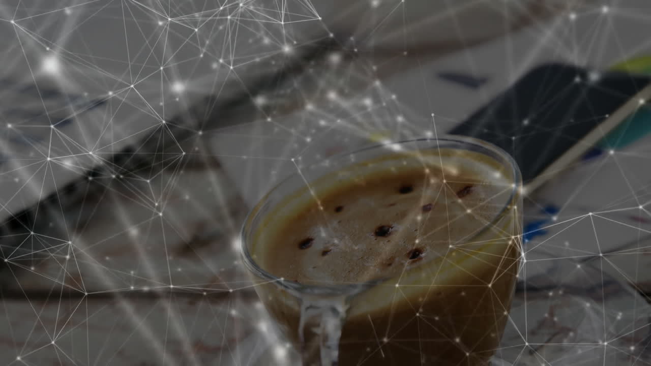 Glass coffee cup holding espresso crema, glowing digital mesh overlay linking floating nodes