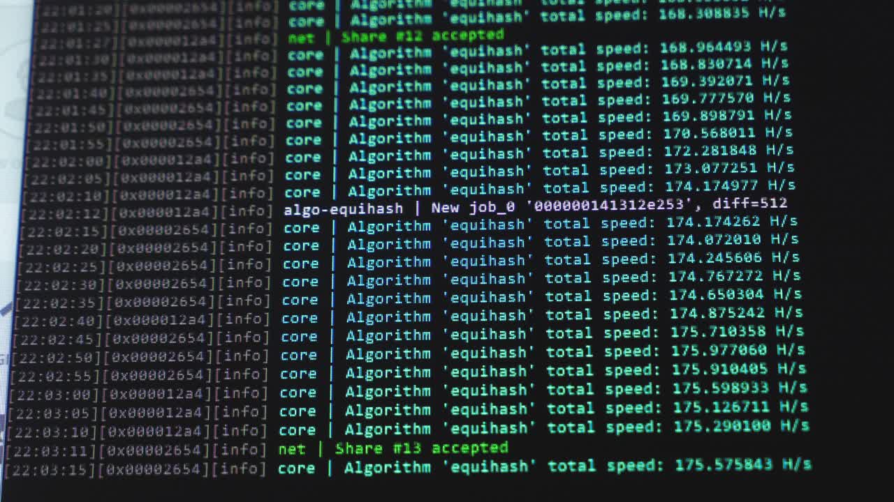 Screen with crypto code. Cryptocurrency. Green digitals. Mining Code
