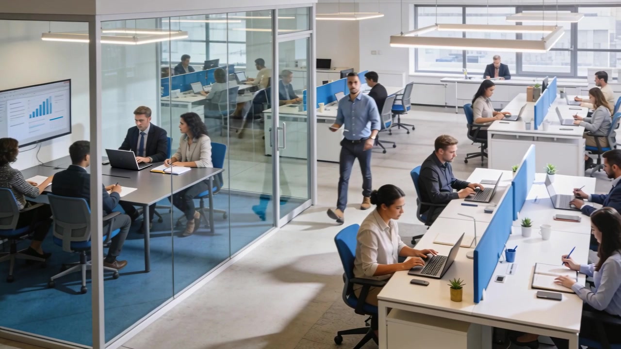Seeing team in suits using laptop in glass room as chart updating, tablet-user walking, copy space