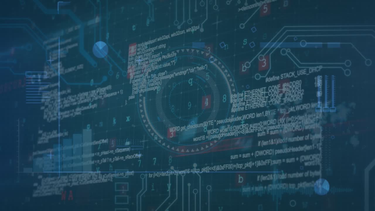 Animation of data, digital screens, graphs and texts on navy background